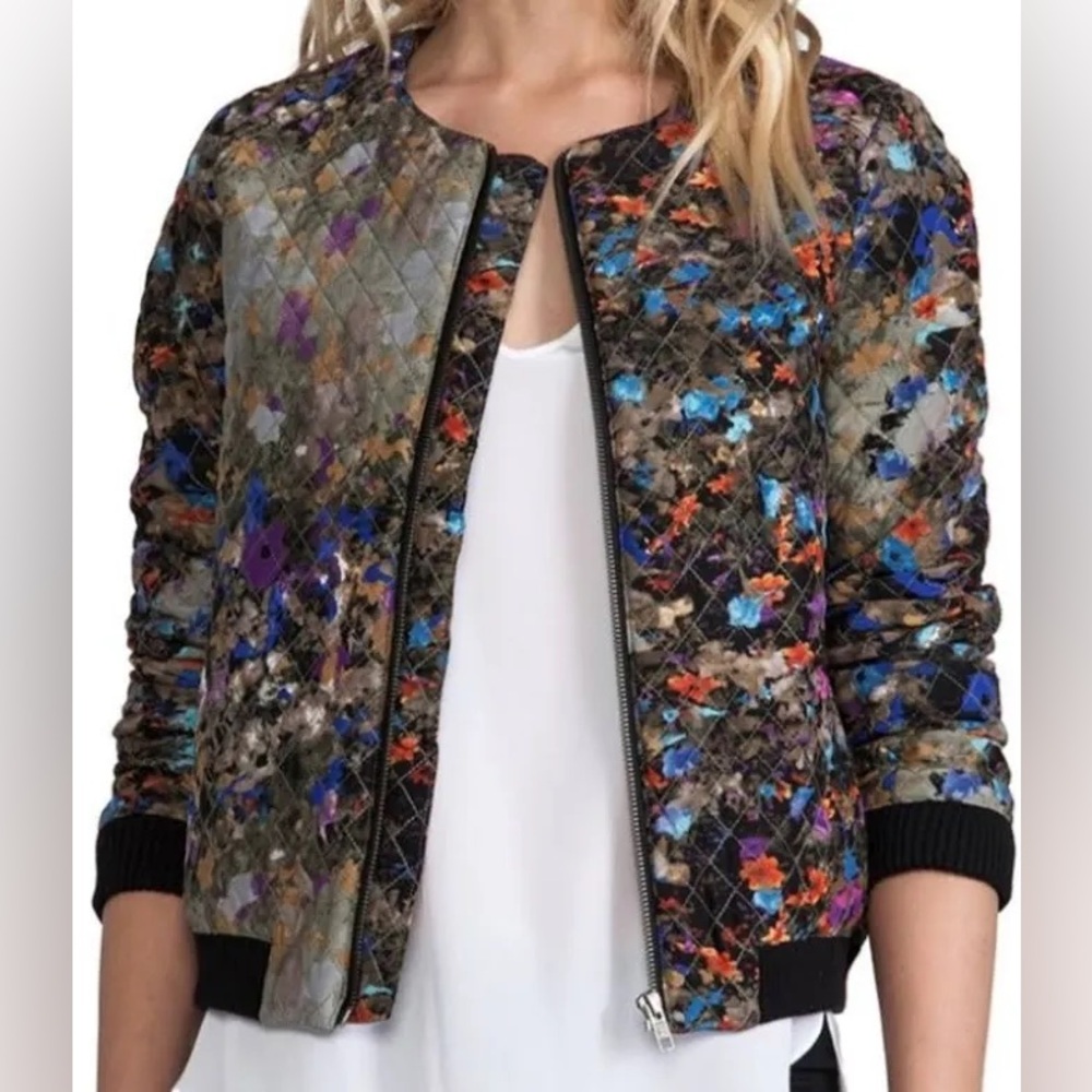 Parker Multicolor Floral Quilted Bomber Jacket Sz L